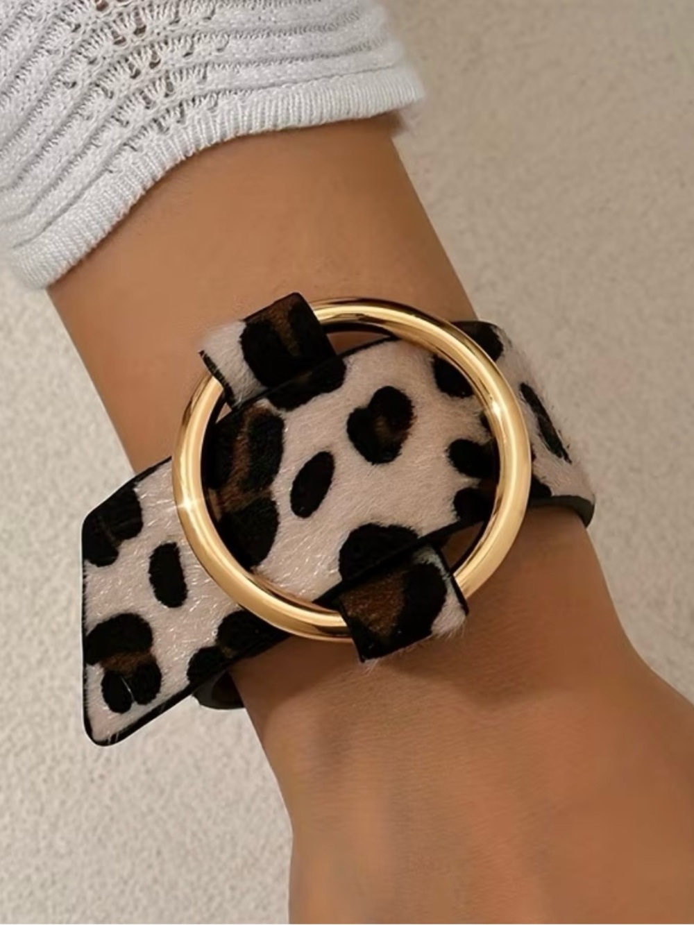 New! Long Geometric Animal Print Bracelet PU Leather w Gold Hardware